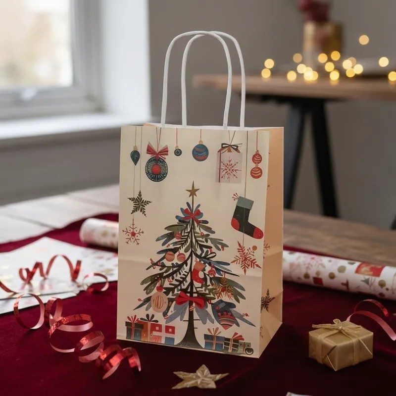 Bolsa Felices Fiestas "Merry Tree" 14 x 8 x 20 cm c/manija